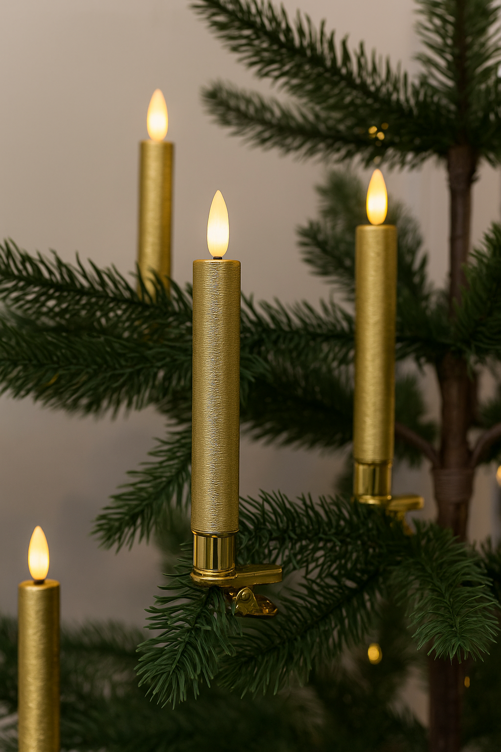 10 stk Guld farvet LED juletræslys med 3D flamme, timer og fjernbetjening