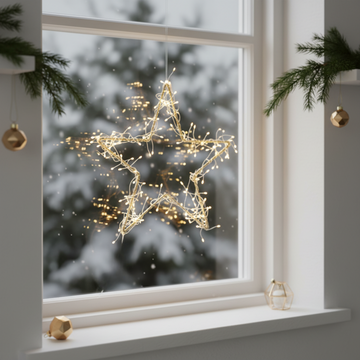 Stjerne med LED – Ø30 cm med LED-lys, batteridrevet og timer - guld