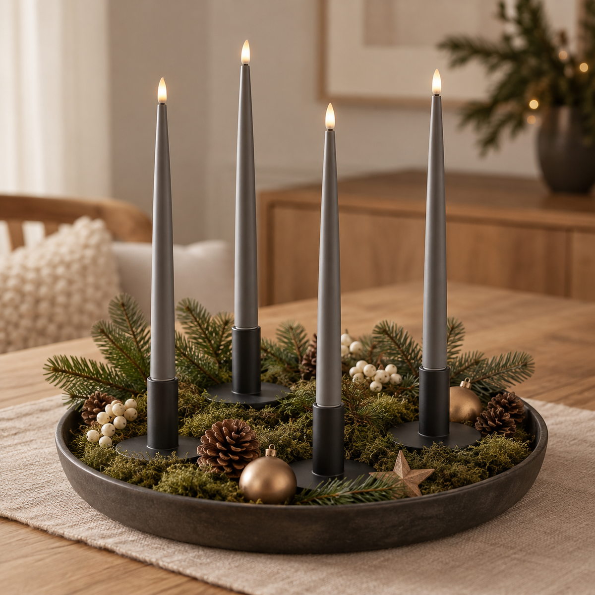 Fire grå LED-kertelys i sorte lysestager i en rund skål med mos, kogler og guldkugler som adventsdekoration