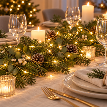 Julebord med granguirlande, eukalyptus, hvide bær og grankogler, hvor en lyskæde i messing snor sig gennem grenene, omgivet af stearinlys og vinglas.