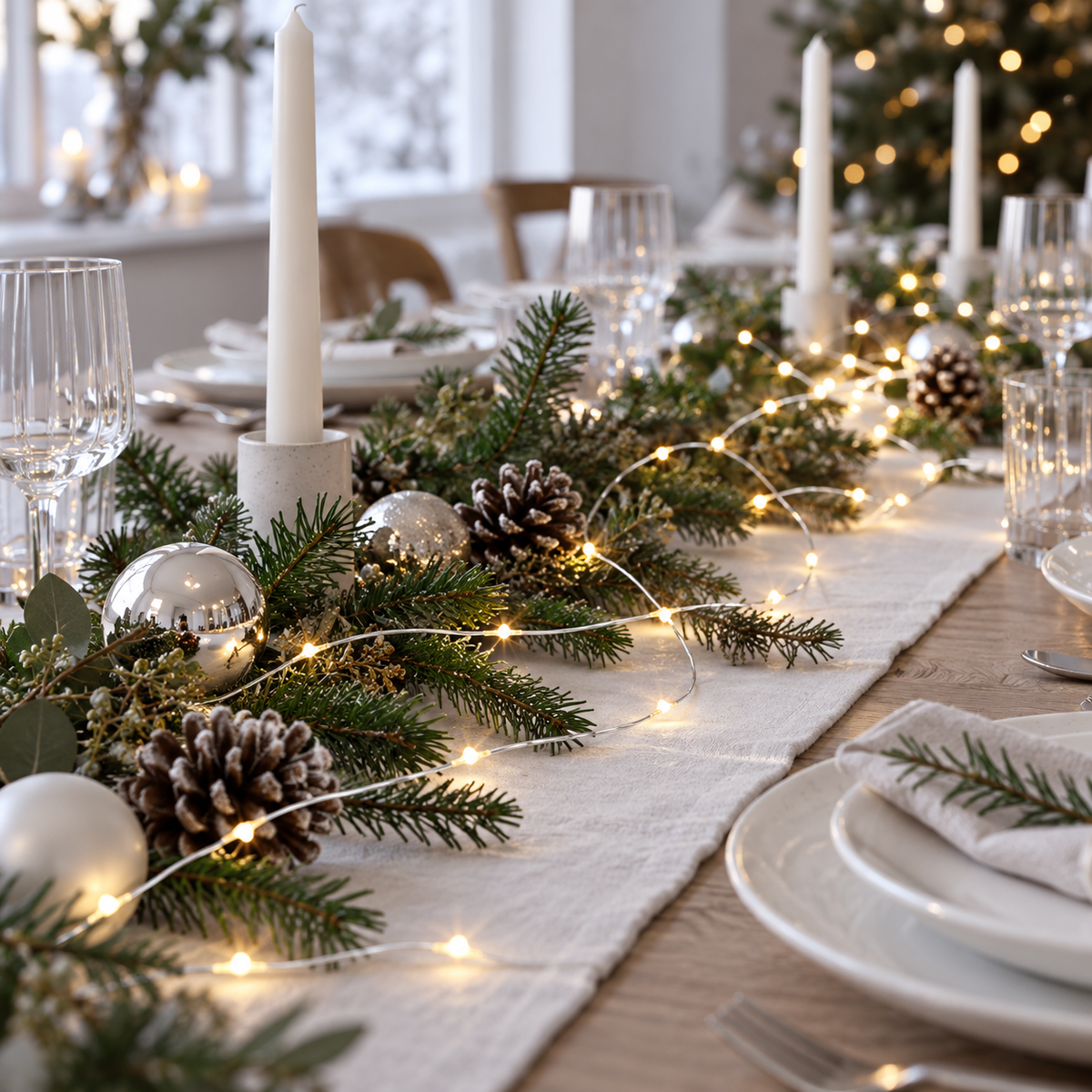 Lyskæde i sølv på juleborddækning med granpynt, kogler, sølvkugler og hvide kronelys