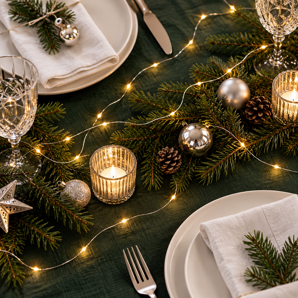 Lyskæde i sølv som bordpynt til julefrokost med gran, fyrfadslys og sølvkugler på grøn dug