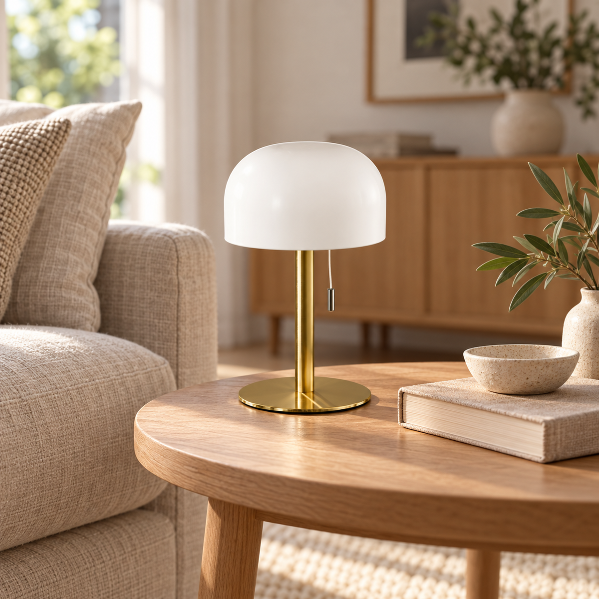 Bordlampe i messing med hvid skærm på rundt sofabord i træ i lys stue med sofa og puder