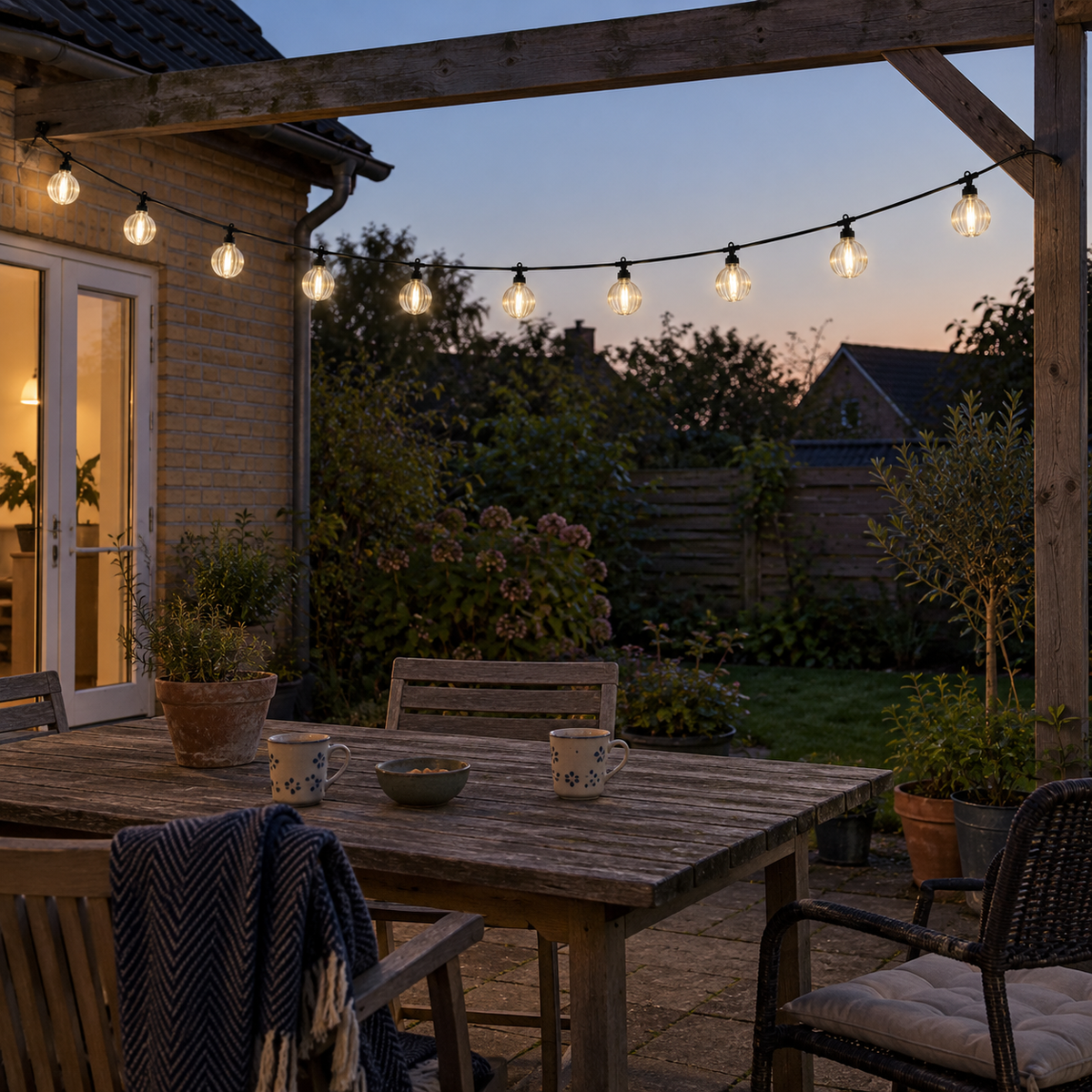 Lyskæde med stribede LED-kugler i pergola over havebord af træ med krus og krukker i skumring