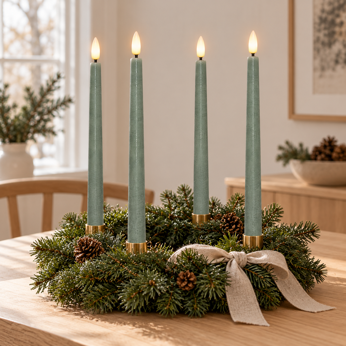 Fire salviegrønne LED-stagelys i messingholdere i en adventskrans af gran med kogler og hørsløjfe på spisebordet