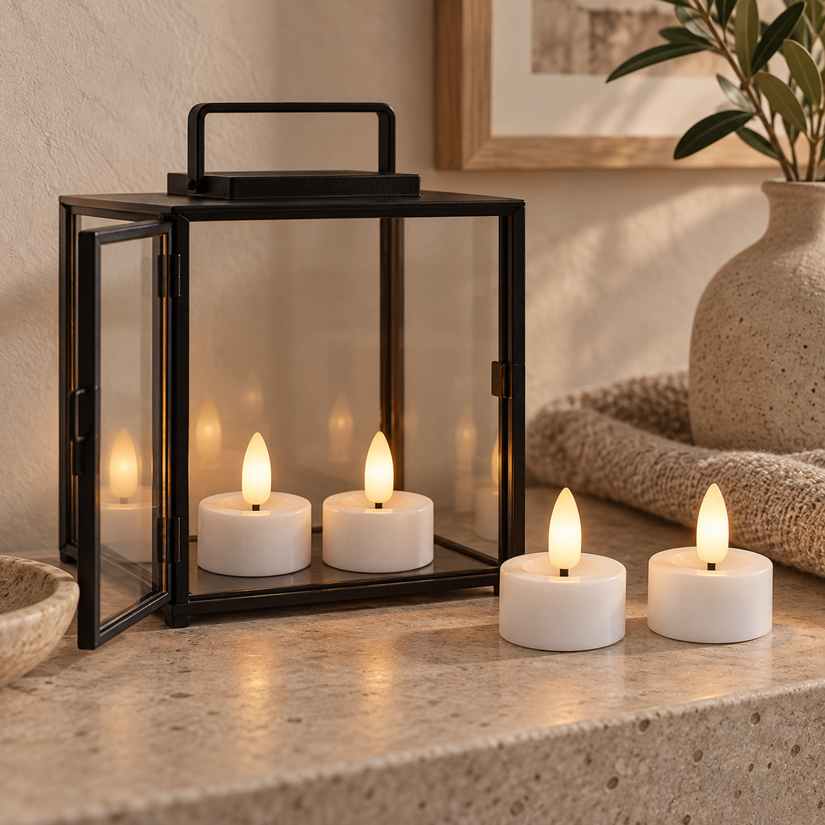 Hvide LED fyrfadslys i sort lanterne og på stenbord med plaid og keramikvase