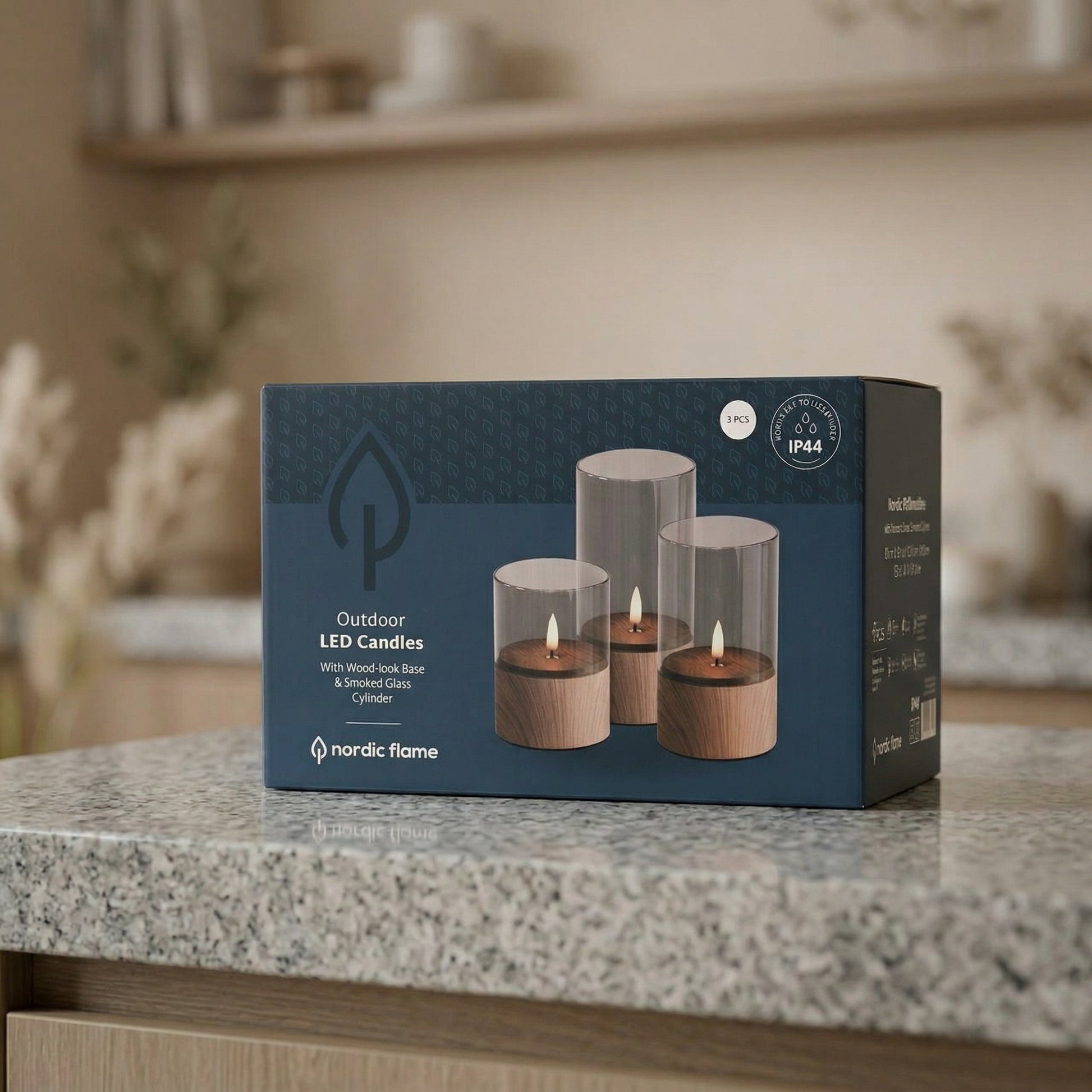 Outdoor LED-lys med Trælook & Røget Glas – Sæt med 3 stk. | IP44 | 500 timers batteritid