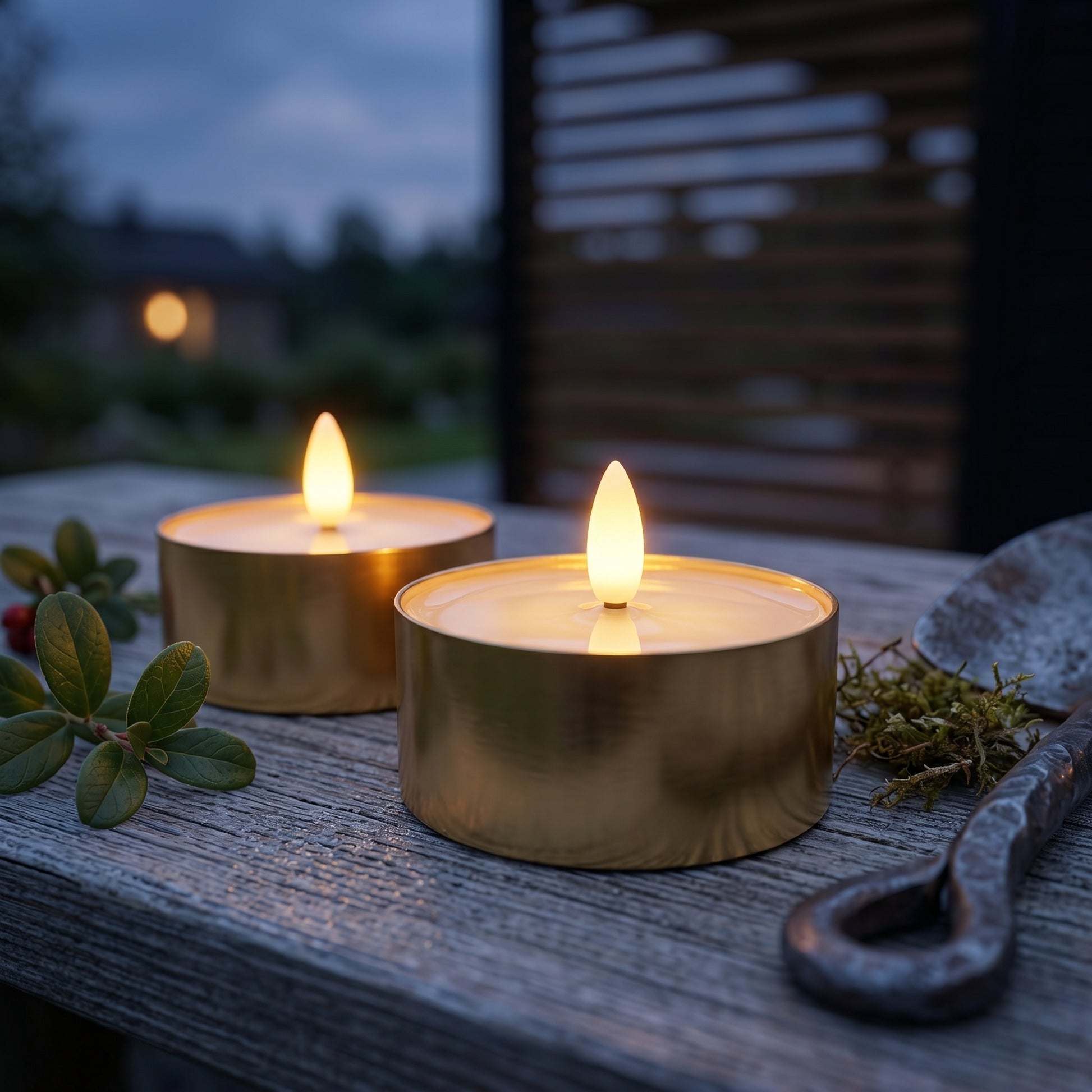 Outdoor LED Fyrfadslys 2-pak - Realistisk 3D Flamme - Messing