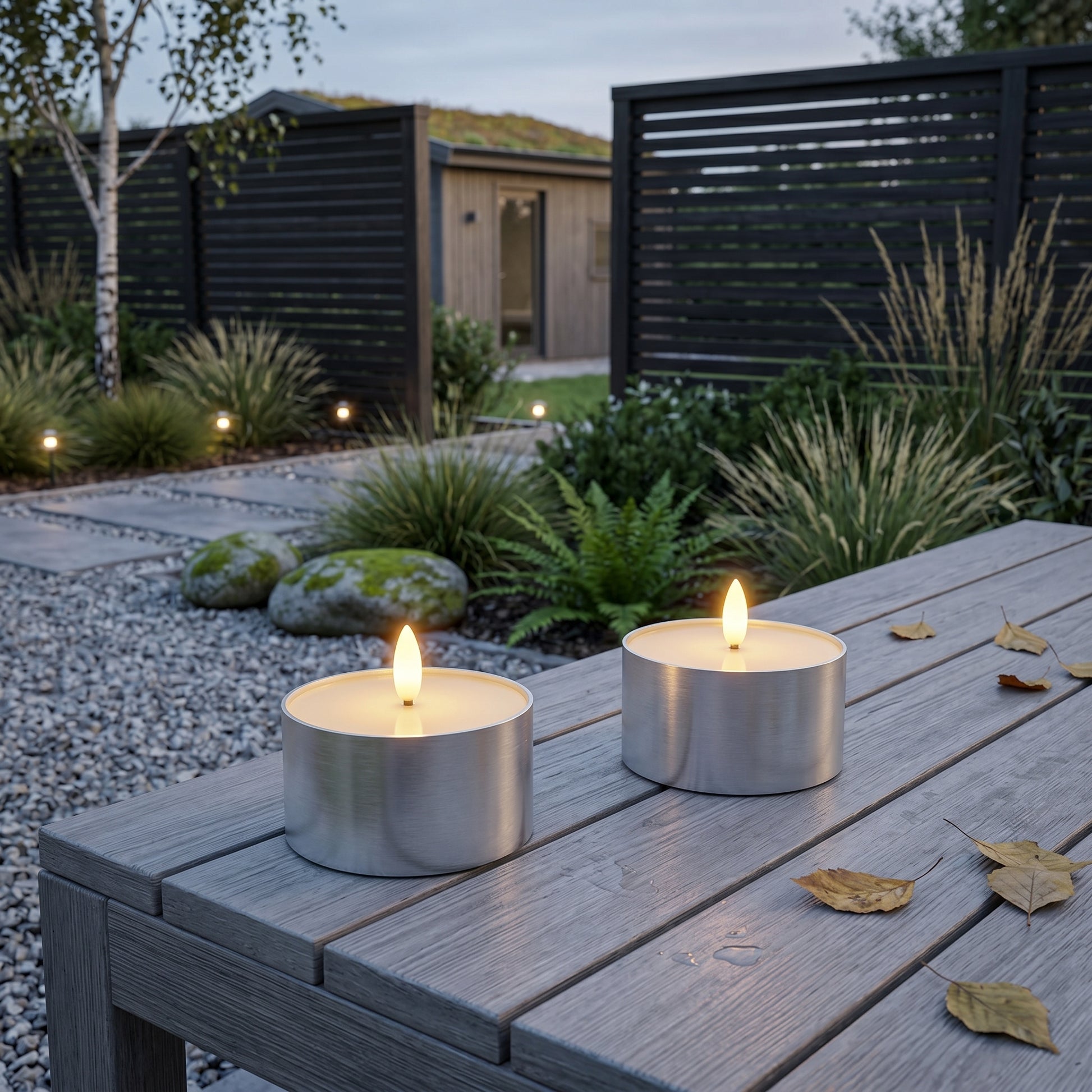 Outdoor LED Jumbo Fyrfadslys 2-pak - Realistisk 3D Flamme - Sølv