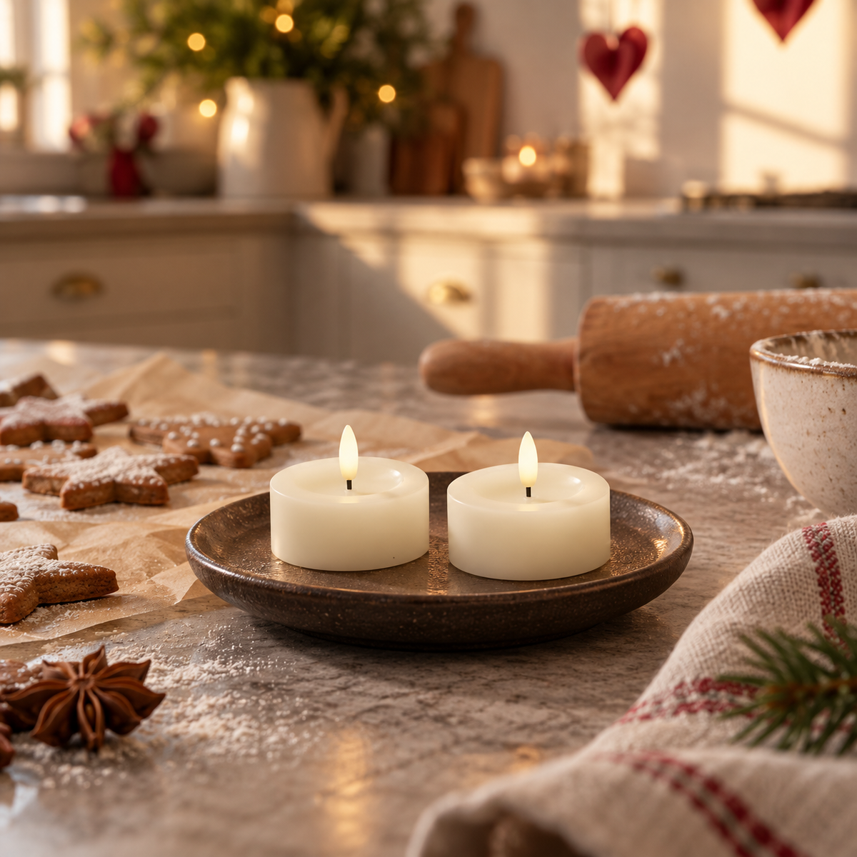 To cremefarvede fyrfadslys på en mørk keramiktallerken på et køkkenbord med julesmåkager, stjerneanis, kagerulle og melstøv. Julepyntet køkken i baggrunden.