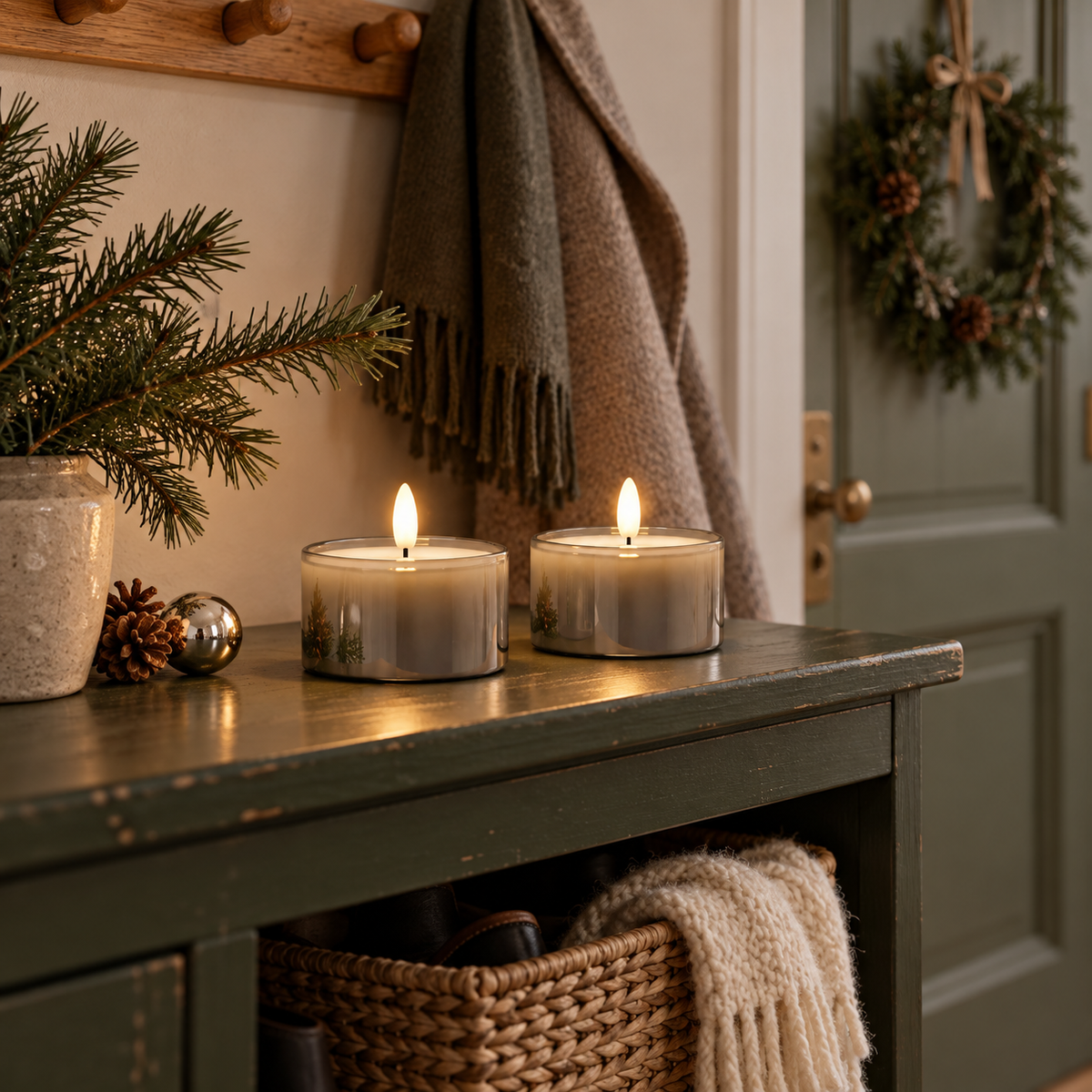 To lys i glas med grå, skinnende overflade på en grøn kommode i entréen med grangrene, kogle og julekugle. Halstørklæde på knagerækken, krans på døren og kurv med strikket plaid under.