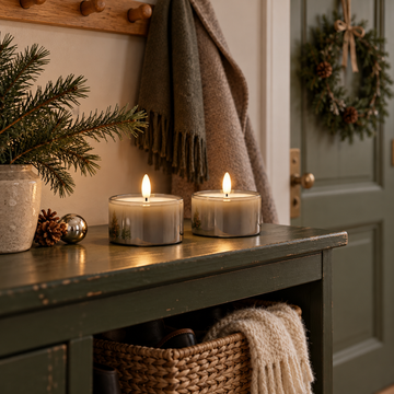 To lys i glas med grå, skinnende overflade på en grøn kommode i entréen med grangrene, kogle og julekugle. Halstørklæde på knagerækken, krans på døren og kurv med strikket plaid under.