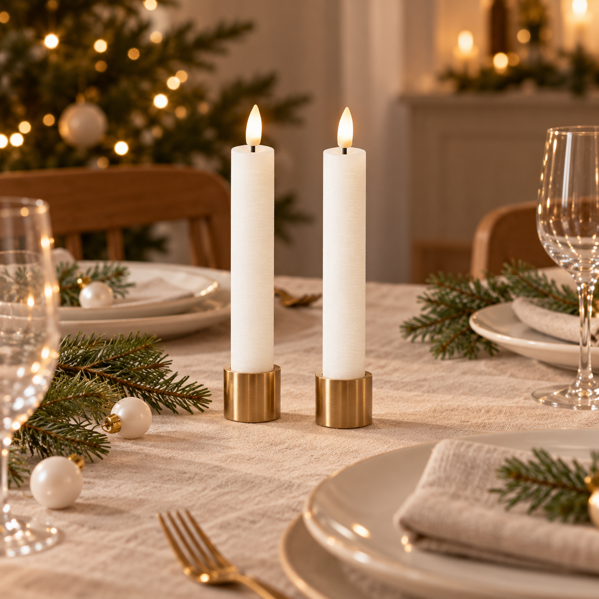 Hvide LED kronelys i messingstager som bordpynt på julebord med grangrene og hvide julekugler
