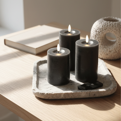 LED-bloklyssæt med 3 bloklys & fjernbetjening - Petroleumsfarvet