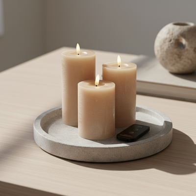 LED-bloklyssæt med 3 bloklys & fjernbetjening - Sandfarve