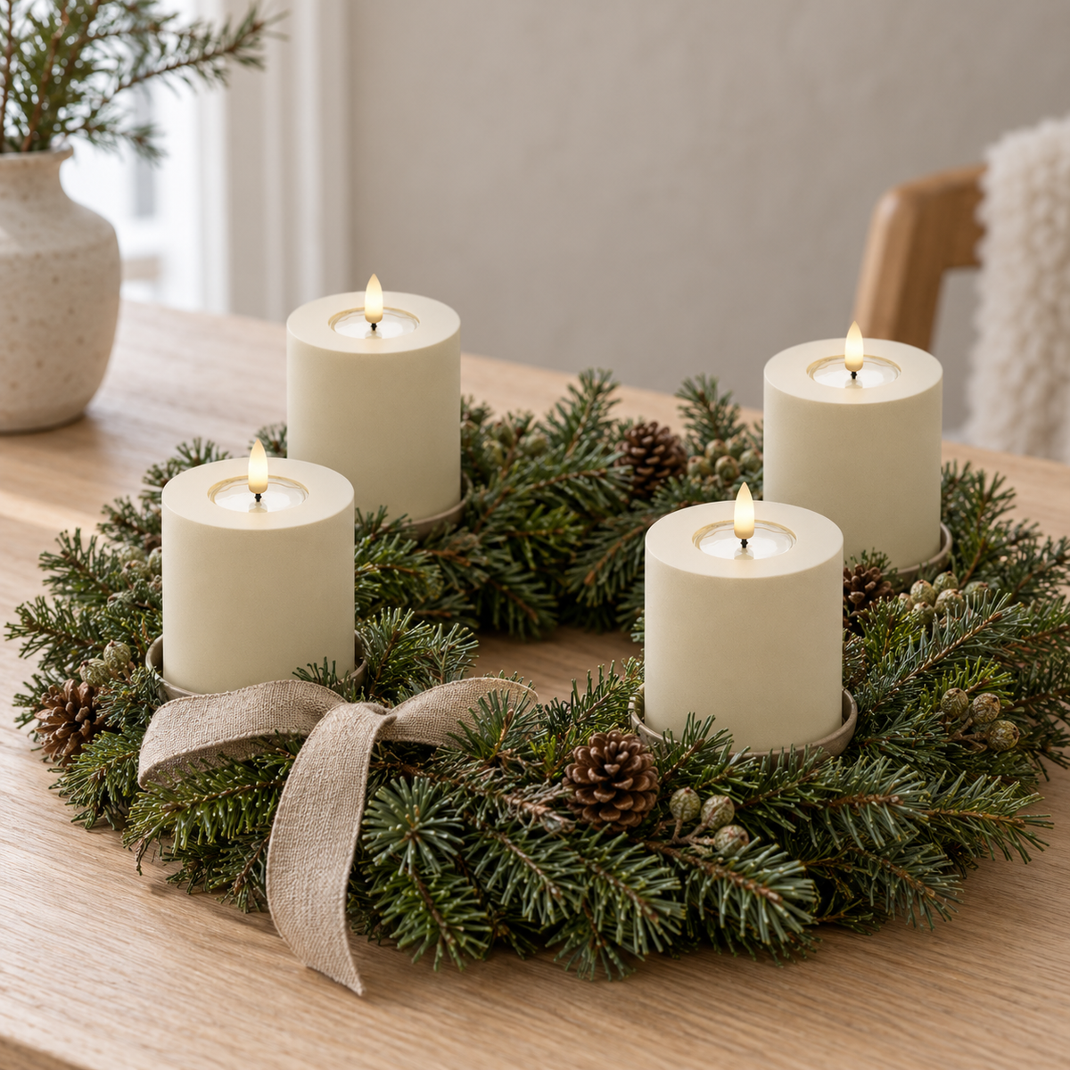Fire cremefarvede LED-bloklys i en adventskrans af gran med kogler og hørsløjfe på et træbord