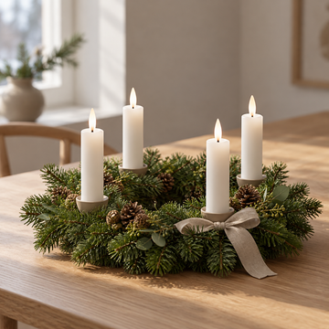 Fire hvide LED-kronelys i en adventskrans af gran med kogler, eukalyptus og hørsløjfe på et træbord
