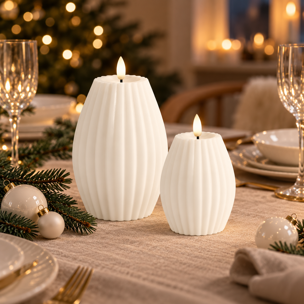 To hvide rillelys som bordpynt på julebord med krystalglas, grangrene og hvide julekugler