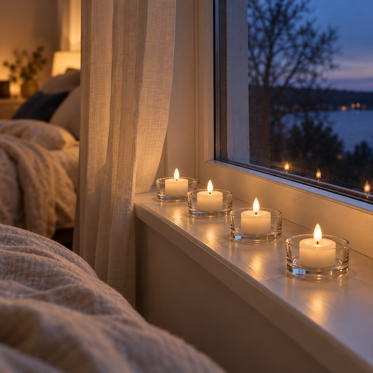 Hvide LED fyrfadslys i glasholdere i vindueskarm i soveværelse med udsigt til aftenhimmel og sø