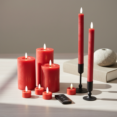 LED-stearinlyssæt med 9 lys & fjernbetjening - Rød