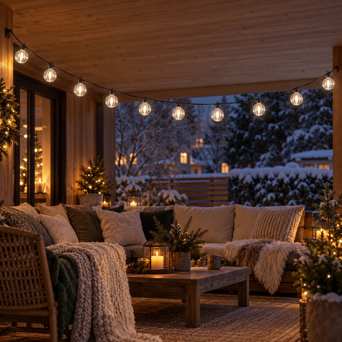 Lyskæde med stribede LED-kugler under overdækning over loungesofa med plaids, lanterne og gran i sne