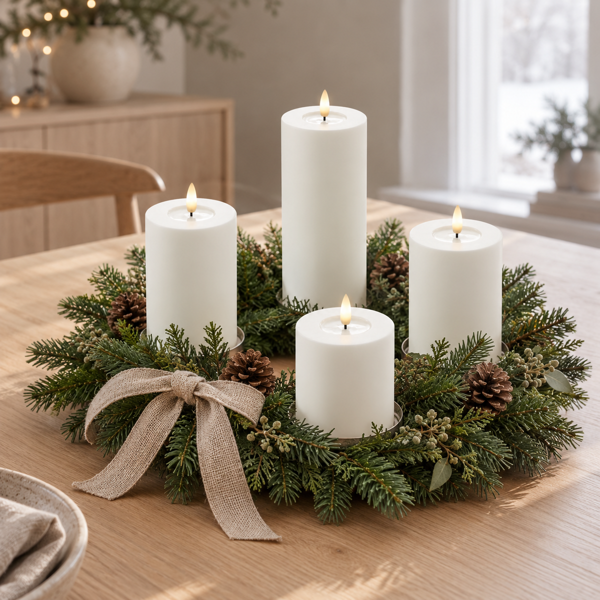 Fire hvide LED-bloklys i fire højder i en adventskrans af gran med kogler og hørsløjfe på et træbord