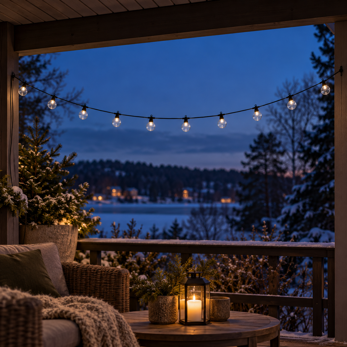Lyskæde med klare kugler under overdækning på terrasse med lanterne, gran og sne ved sø