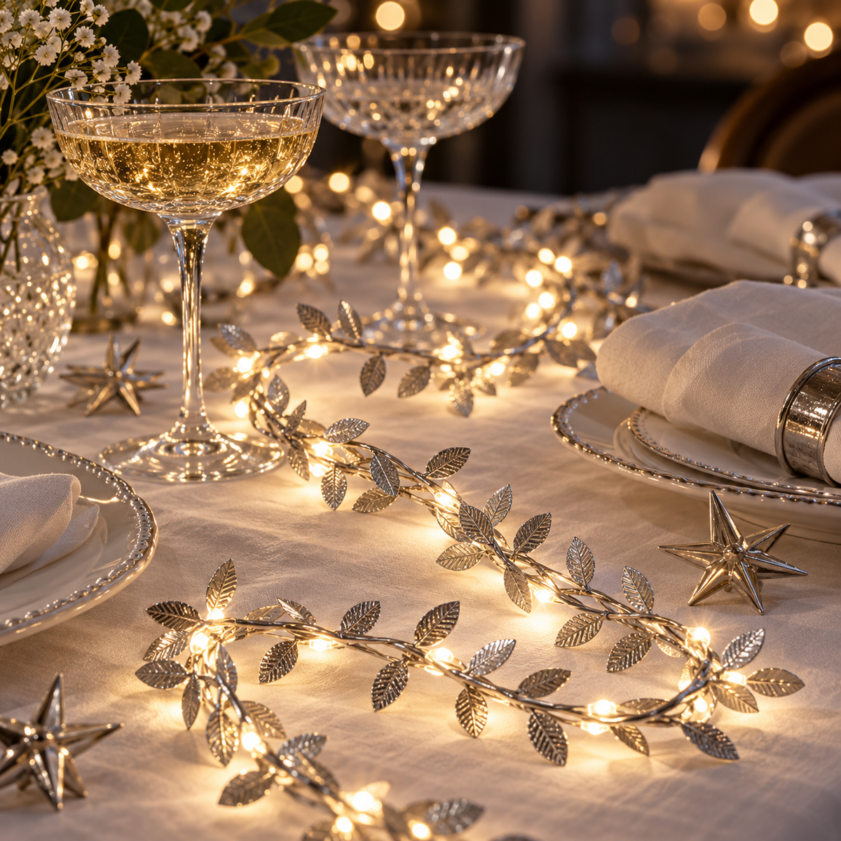 Sølv lysranke som bordpynt på nytårsbord med champagneglas og sølvstjerner