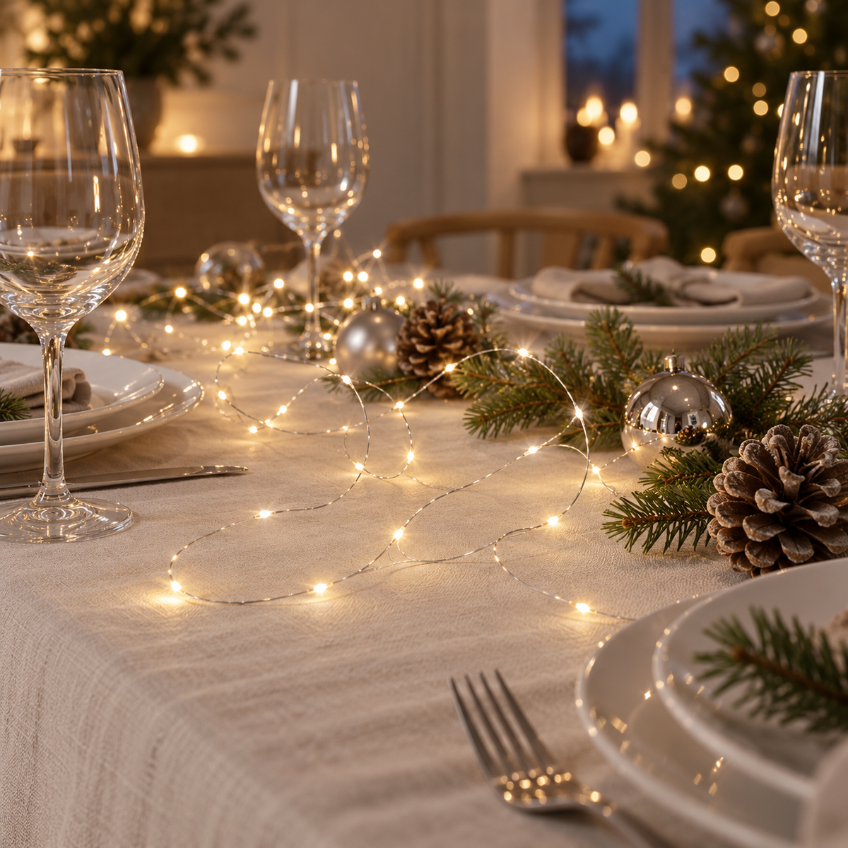 Lyskæde med wire som bordpynt på julebord med vinglas, grangrene, kogler og sølvjulekugler