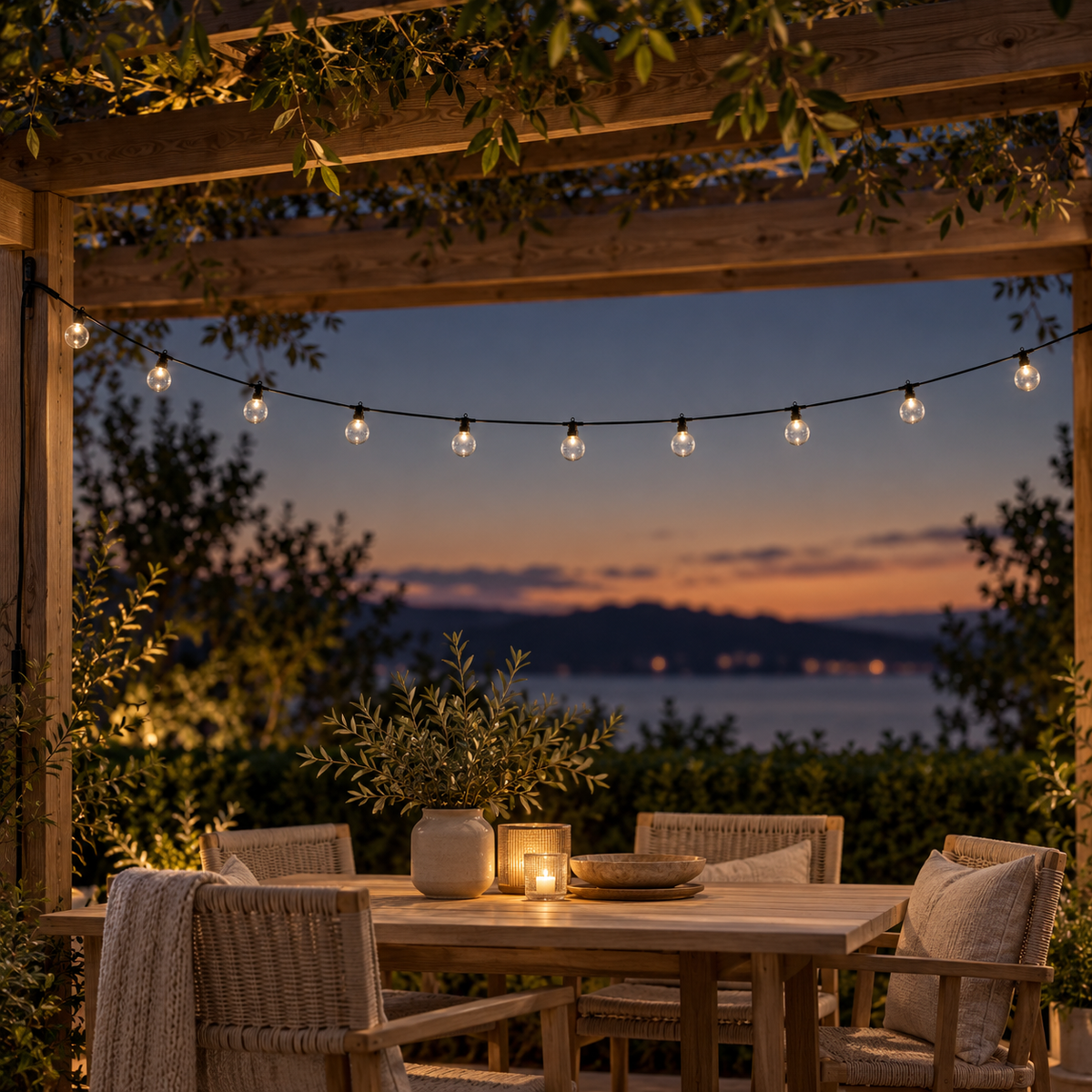 Lyskæde med klare LED-kugler i pergola over havebord med kurvestole og udsigt over vand i skumring