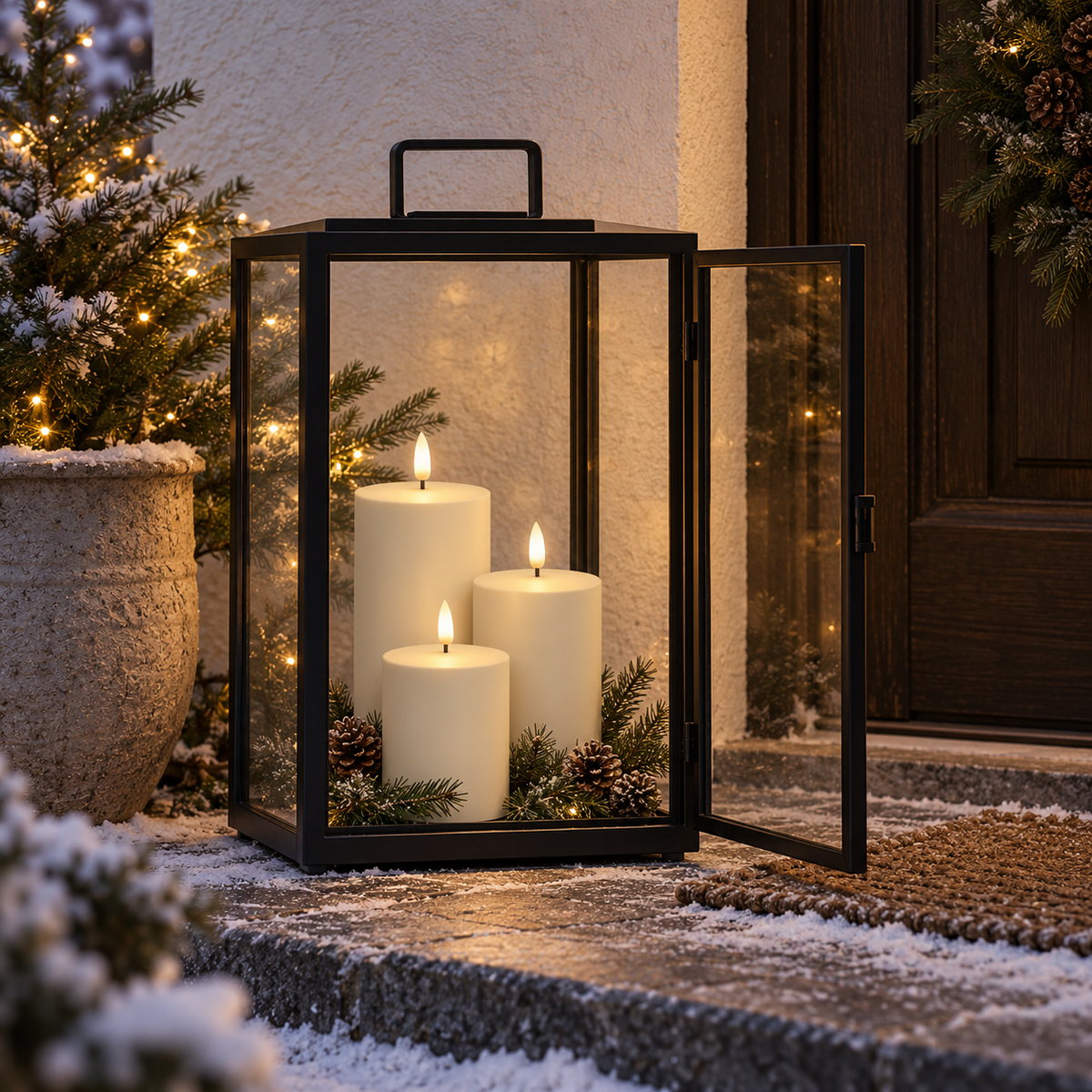 Tre udendørs LED bloklys i sort lanterne med gran og kogler som julepynt ved hoveddør i sne