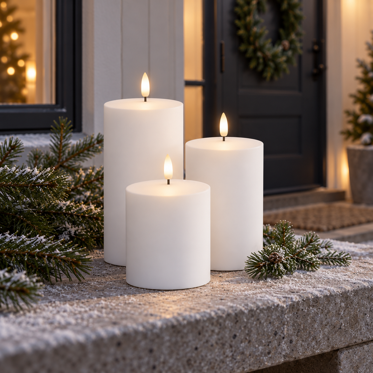 Tre hvide udendørs LED bloklys fra Deluxe Homeart på frostklædt trappe ved hoveddøren med grangrene og julekrans