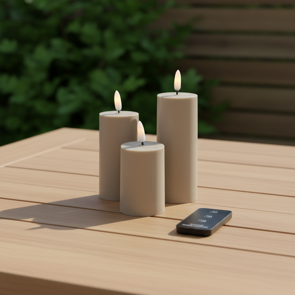 Udendørs LED Bloklys Ø5 – Sæt med 3 stk. i sandfarve