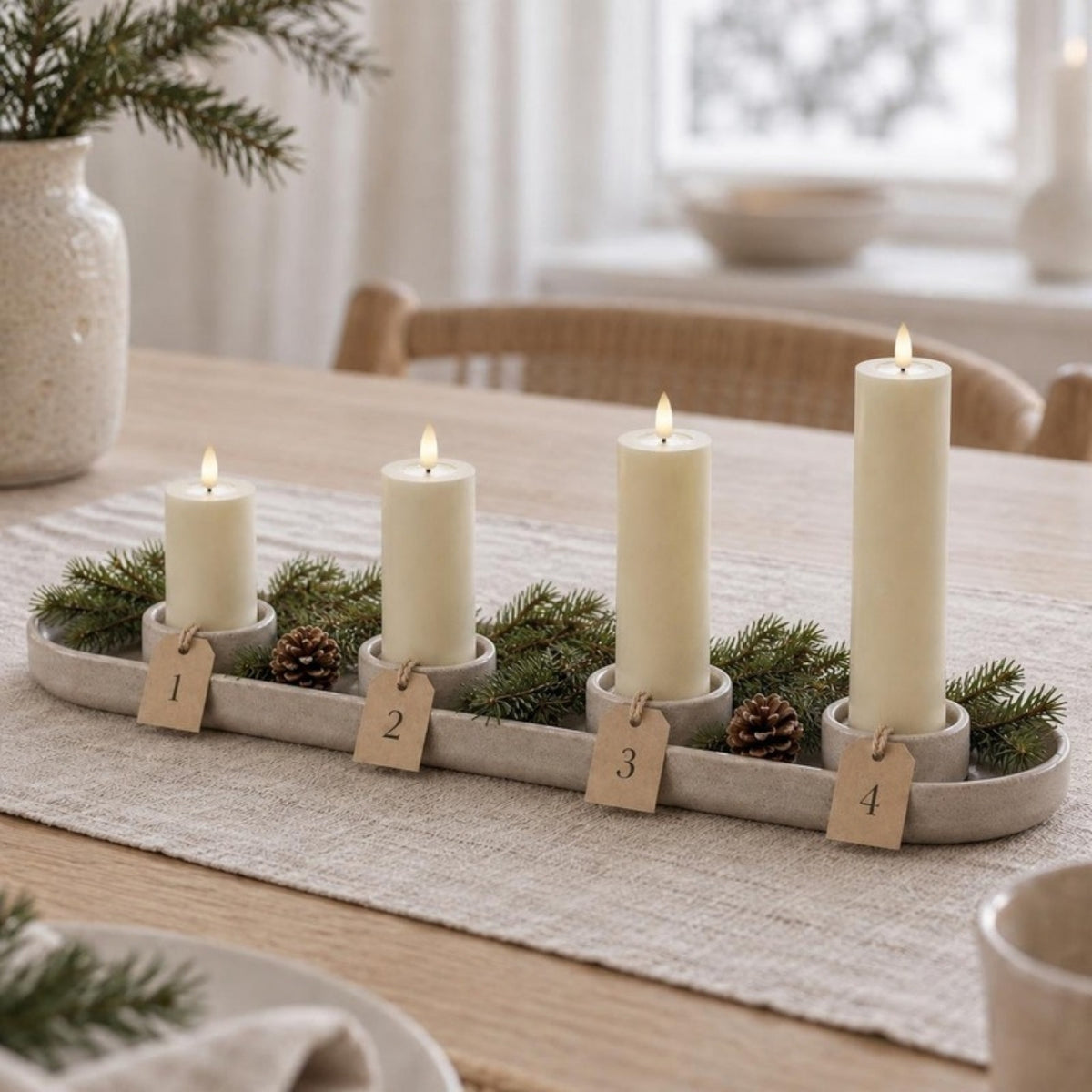 Fire slanke cremefarvede LED-bloklys i fire højder i et aflangt keramikfad med gran og nummerskilte 1 til 4 på en bordløber