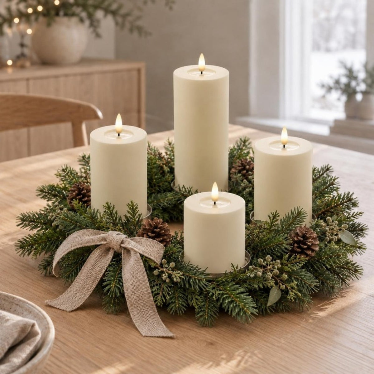 Fire cremefarvede LED-bloklys i fire højder i en adventskrans af gran med kogler og hørsløjfe på et træbord