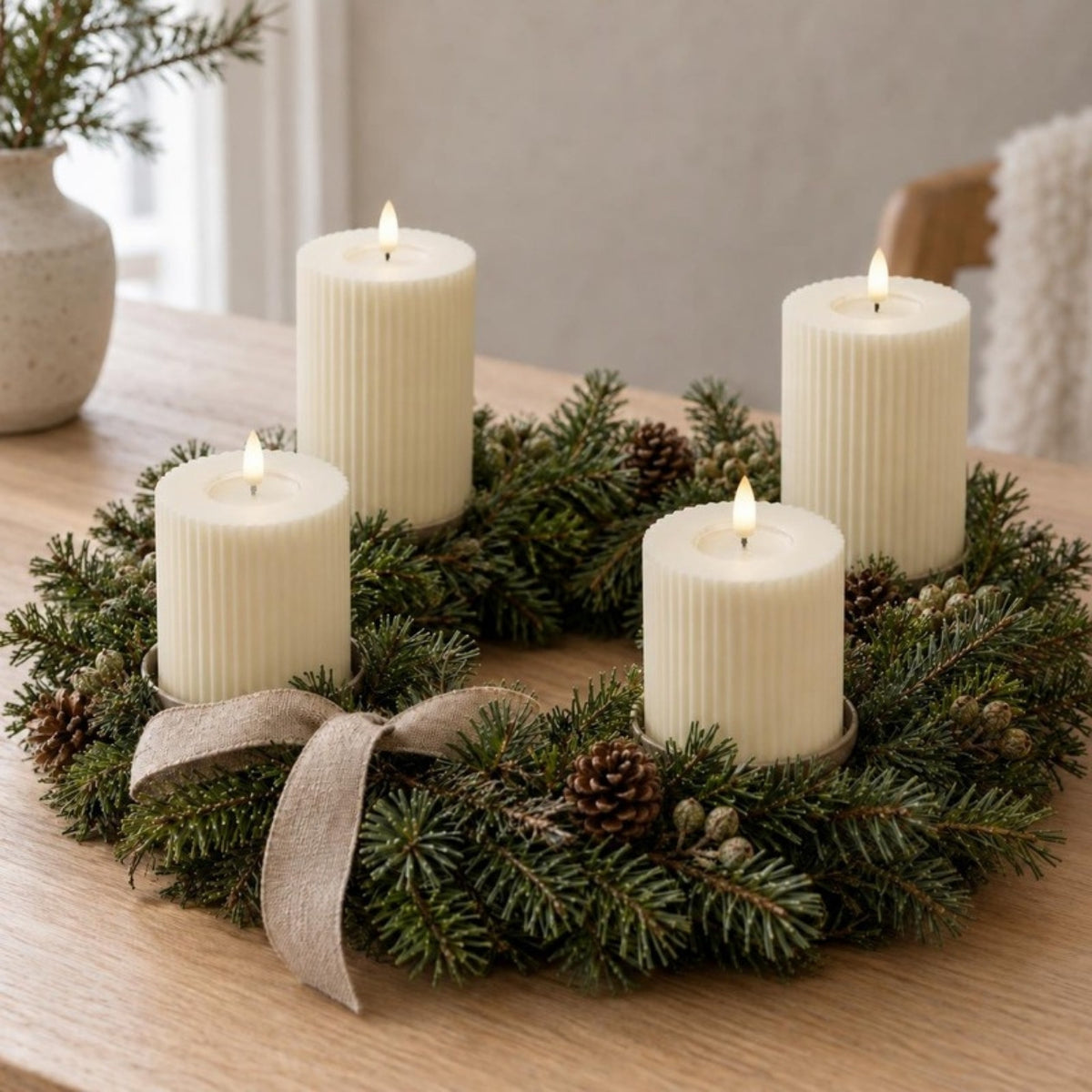 Fire cremefarvede LED-rillelys i tre højder i en adventskrans af gran med kogler og hørsløjfe på et træbord