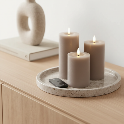 Grå LED-stearinlyssæt med 3 Bloklys & Fjernbetjening