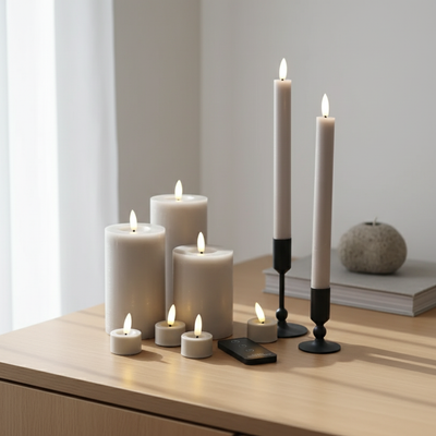 Stort LED-stearinlyssæt med 9 lys og fjernbetjening - Grå