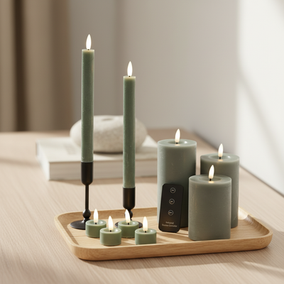 Stort LED-stearinlyssæt med 9 lys og fjernbetjening - Grøn