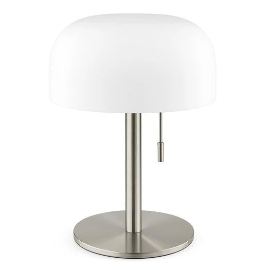 LED bordlampe i Space Gray metal med hvid rund skærm og træksnor på hvid baggrund