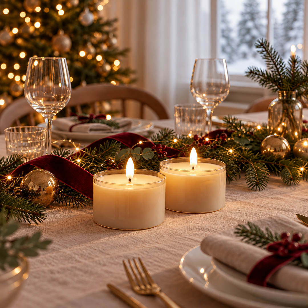 To cremefarvede lys i glas på et festligt juledækket bord med grangrene, rødt velourbånd, guldkugler og lyskæde. Juletræ i baggrunden.