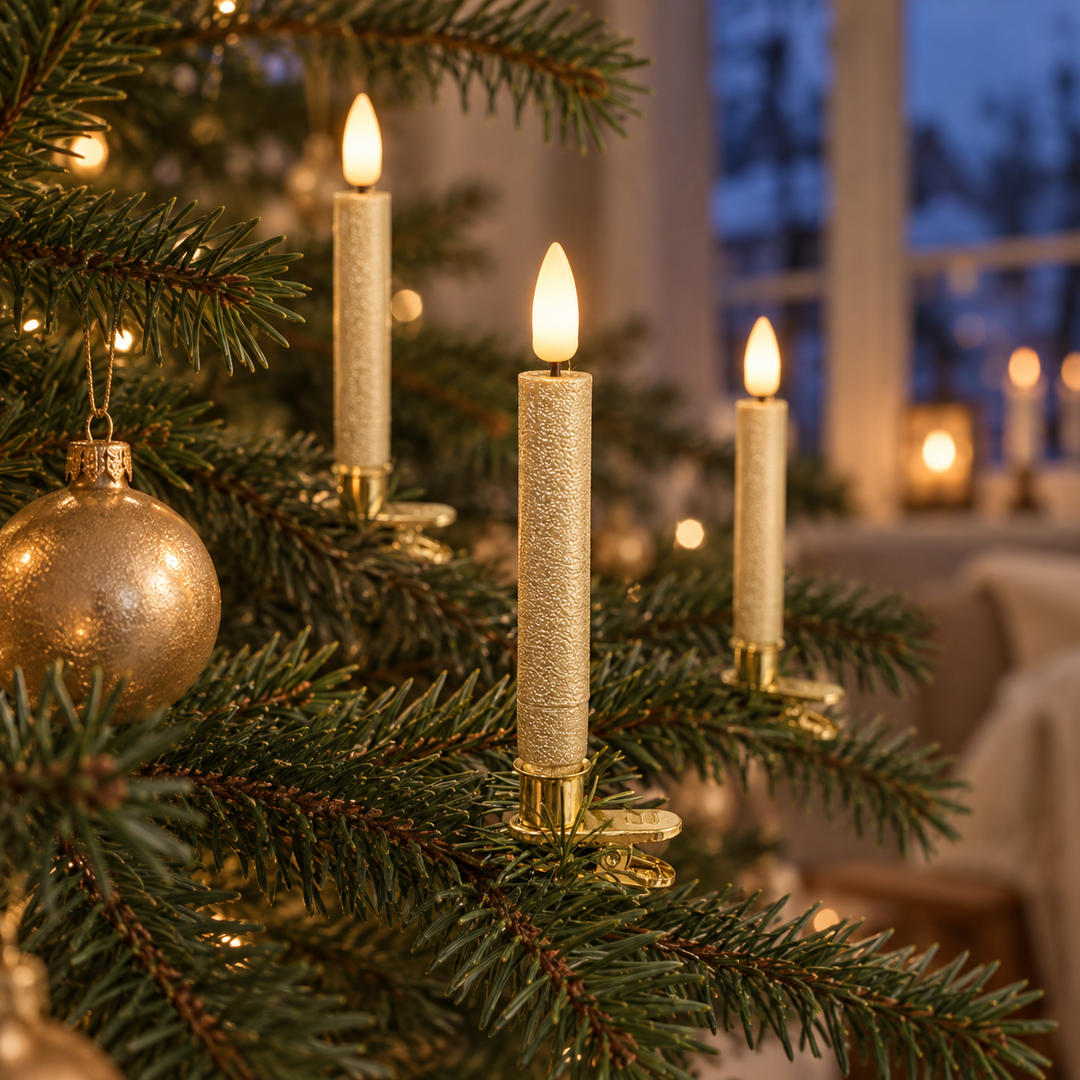 Pyntet juletræ med gyldne LED juletræslys, papirstjerner og julekugler i stuen