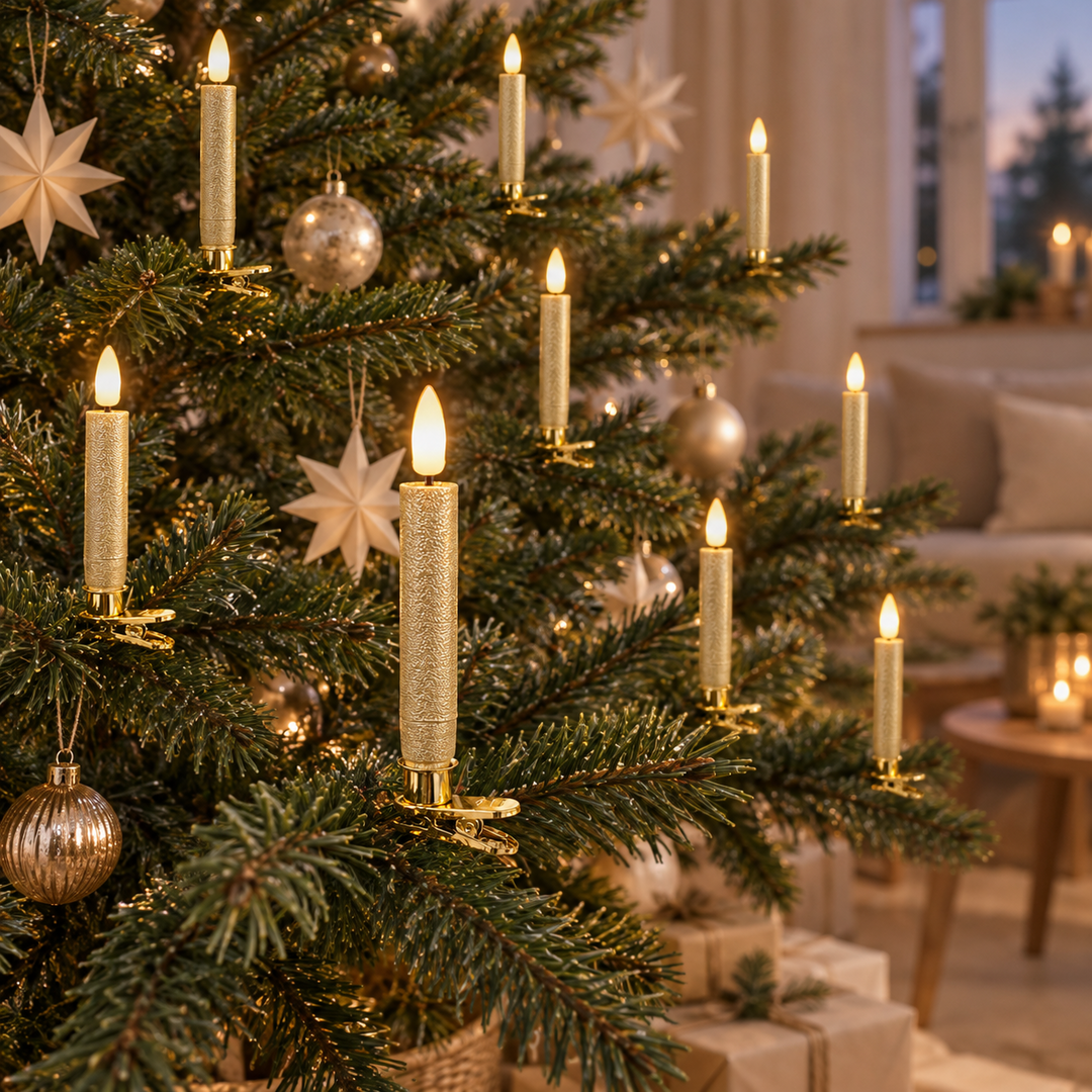 Tre gyldne juletræslys med 3D flamme i juletræ foran vindue med vinteraften