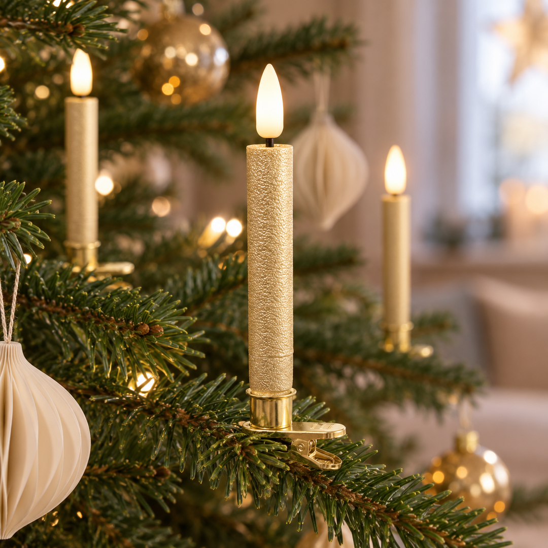 Gyldent LED juletræslys med clips på grangren ved hvid papirophæng og julekugler