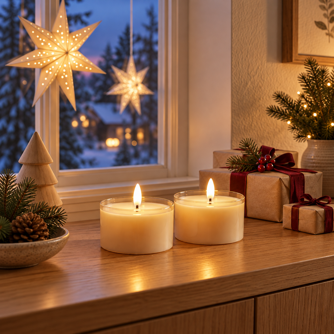 To cremefarvede lys i glas på en skænk i træ ved et vindue med papirstjerner og sne udenfor. Julegaver med rødt bånd, kogle og træjuletræ ved siden af.