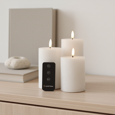 LED Bloklys – Sæt af 3 stk inkl fjernbetjening - Rustik finish - Hvid