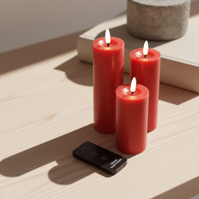 Rødt LED-stearinlyssæt med 3 bloklys & fjernbetjening